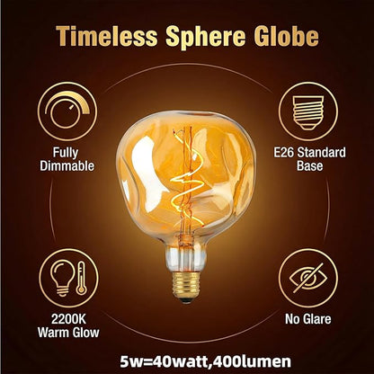 G125 Large Oversized LED Edison Bulb,5 Watt 400 Lumens 2200k Warm Yellow Unique Light Bulbs,Amber Glass E26 Base Huge Globe Vintage Decorative Dimmable Light For Bedroom Living Room Bar Cafe,2Pack
