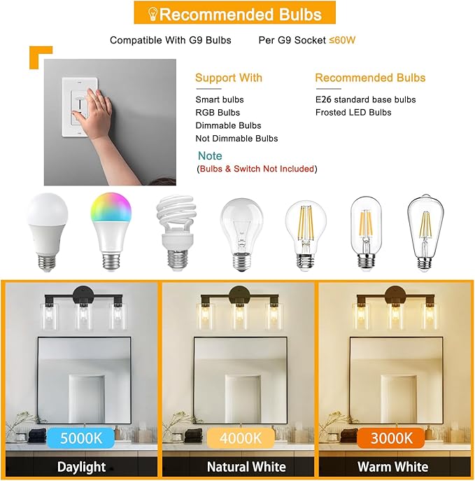 Bathroom Vanity Light Bathroom Light Fixtures Vanity Lights for Bathrrom Light Fixtures with Clear Glass Shade for Bath 3 Light (Black)