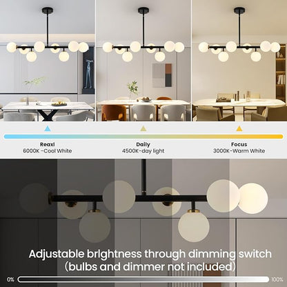 Sputnik Black and Gold Chandelier Pendant Linear Light Modern Mid Century Light Fixture White Globe Shade for Dining Living Room Kitchen Island 8-Light