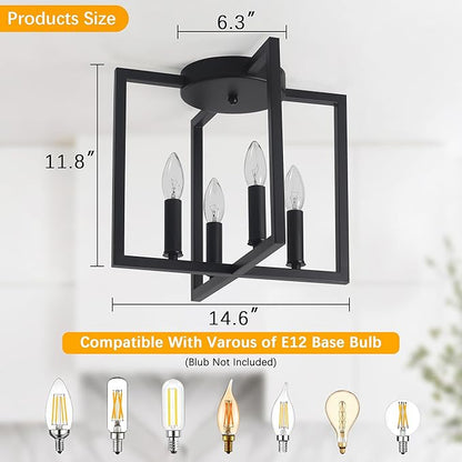 Semi Flush Mount Ceiling Light Fixture, 4-Light Black Ceiling Light Fixture, Modern Farmhouse Industrial Close to Ceiling Lights for Kitchen Living Room Bedroom Hallway Foyer