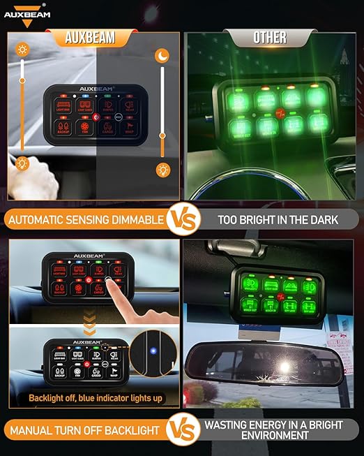 Auxbeam 8 Gang Switch Panel RB80 Toggle Momentary Pulsed RGB Dimmable Switch Panel Multifunction Panel Two Sided Output Marine Switch Panel IP65 Waterproof for Car Boat RV, 3 Years Warranty