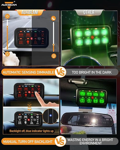 Auxbeam 8 Gang Switch Panel RB80 Toggle Momentary Pulsed RGB Dimmable Switch Panel Multifunction Panel Two Sided Output Marine Switch Panel IP65 Waterproof for Car Boat RV, 3 Years Warranty