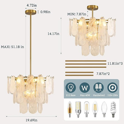 Modern Gold Cloud Glass Chandeliers, 19.68 Inches Creative Crystal Pendant Ceiling Fixture, 3 Tier Luxury Height Adjustable Chandelier, 6-Light for Bedroom Living Room Dining Room Hallway Foyer (E12)