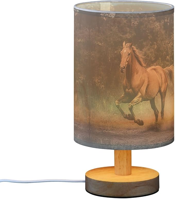 Table Lamp Horse Running in Woodland Nightstand Lamp with Wood Base Fabric Lamp Shade Bedside Desk Lamp for Living Room Bedroom Kids Room Office