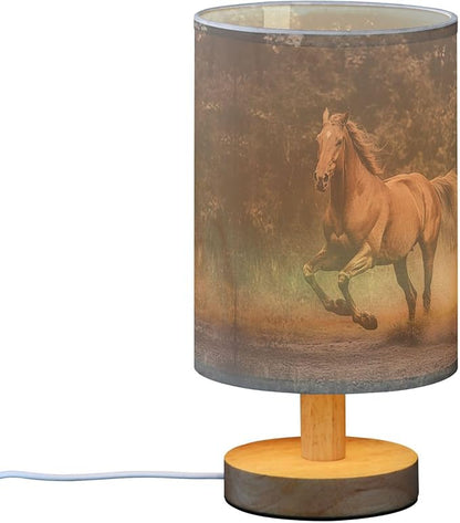 Table Lamp Horse Running in Woodland Nightstand Lamp with Wood Base Fabric Lamp Shade Bedside Desk Lamp for Living Room Bedroom Kids Room Office