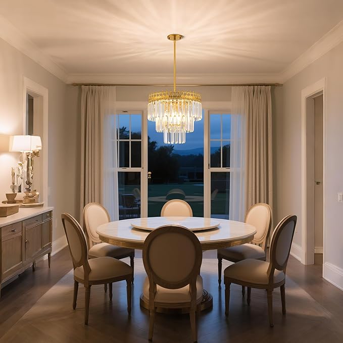 16'' Gold Crystal Chandelier,6-Light Modern Chandeliers for Dining Room,3-Tiers Round Metal Pendant Light Fixture for Kitchen Island Living Room Bedroom Entryway