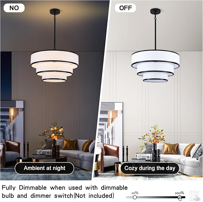 Drum Chandelier for Dining Room, 5-Light Modern Black Chandelier with White Fabric Shade, 20" Hanging Linen Drum Pendant Ceiling Light Fixture for Kitchen Island Bedroom Living Room