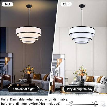 Drum Chandelier for Dining Room, 5-Light Modern Black Chandelier with White Fabric Shade, 20" Hanging Linen Drum Pendant Ceiling Light Fixture for Kitchen Island Bedroom Living Room