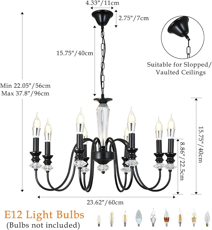 Black Chandelier, 8-Light Farmhouse Candle Chandelier for Living Room, Rustic Industrial Pendant Chandeliers for Dining Room, Vintage Crystal Hanging Light fixture for Hallway Kitchen Foyer E12