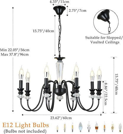 Black Chandelier, 8-Light Farmhouse Candle Chandelier for Living Room, Rustic Industrial Pendant Chandeliers for Dining Room, Vintage Crystal Hanging Light fixture for Hallway Kitchen Foyer E12
