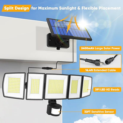 MDCMDCM Solar Motion Lights Outdoor - with 16.4ft Cable, 3000LM LED Security Lights for Outside Dusk to Dawn, 2400mAh IP65 Waterproof Flood Lights with Remote for Court Yard Garage Front Door