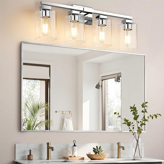 BesLowe 4-Light Bathroom Light Fixtures, Modern Chrome Bathroom Vanity Light, Bathroom Lighting Fixtures Over Mirror, Matte Chrome Bathrom Wall Lamp, Wall Lights for Living Room Bedroom Hallway