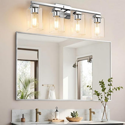 BesLowe 4-Light Bathroom Light Fixtures, Modern Chrome Bathroom Vanity Light, Bathroom Lighting Fixtures Over Mirror, Matte Chrome Bathrom Wall Lamp, Wall Lights for Living Room Bedroom Hallway