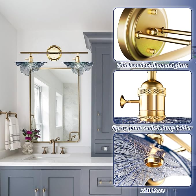 2 Light Vintage Wall Sconces with Glass Shades,Vanity Light,Bathroom Light,Wall Lighting Fixture for Mirror,Home Decor Art Wall Light (Golden+Blue, 2-Lights)