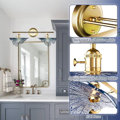 2 Light Vintage Wall Sconces with Glass Shades,Vanity Light,Bathroom Light,Wall Lighting Fixture for Mirror,Home Decor Art Wall Light (Golden+Blue, 2-Lights)