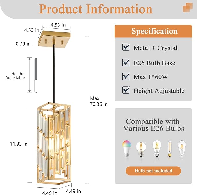Gold Pendant Lights Kitchen Island, Adjustable Modern Pendant Light Fixtures 1 Pack, Mini Crystal Chandeliers for Dining Room Bedroom Foyer Hallway