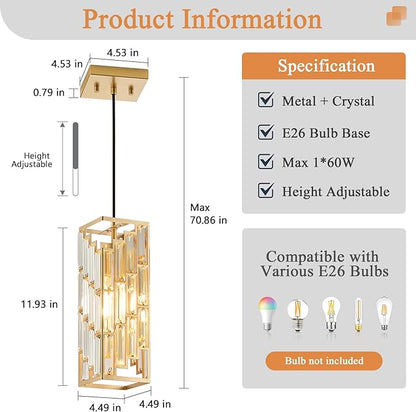 Gold Pendant Lights Kitchen Island 2 Pack, Adjustable Modern Pendant Light Fixtures, Mini Crystal Chandeliers for Dining Room Bedroom Foyer Hallway