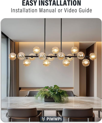 Large Linear Chandeliers for Dining Room Kitchen Island, 55" Long Light Fixture Over Table, 16-Light Modern Globe Sputnik Farmhouse Chandelier, Black and Amber Bubble, GC-08