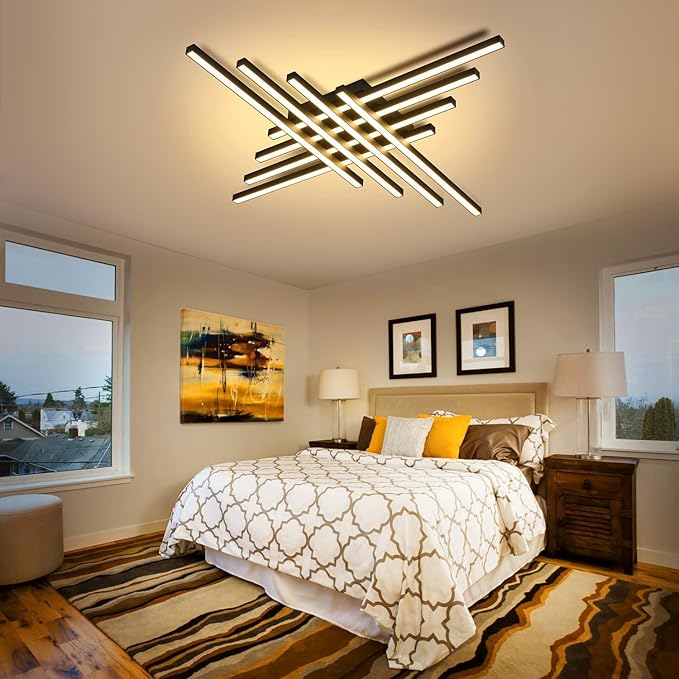 47" Black Modern LED Ceiling Light with Remote 3000K/4500K/6000K Close to Ceiling Lights Creative Design Ceiling Lamp for Bedroom Living Room Kitchen Hallway Dining Room(128W, 8 Lights)