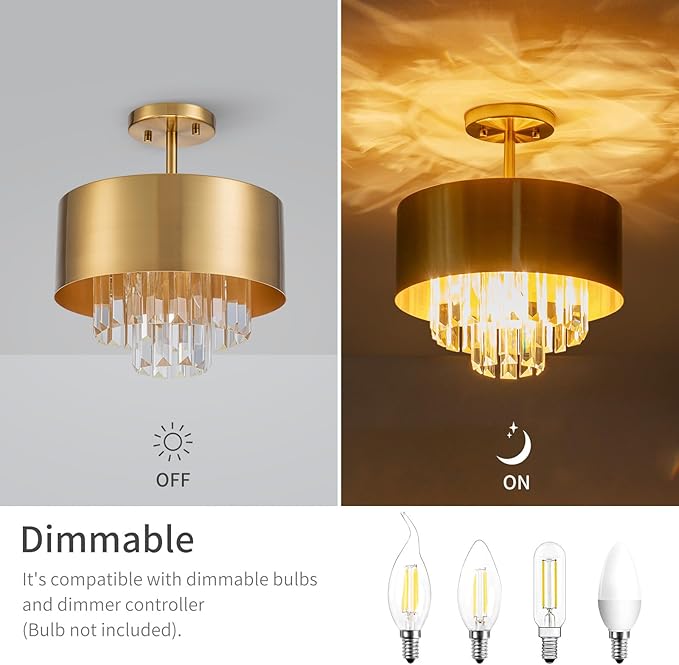 LumFurn 3-Light Luxury K9 Crystal Ceiling Light for Living Room, Foyer, Bedroom, Close to Ceiling Semi-Flushmount Light Fixture, Brass Finish Metal Lampshade & Clear Crystal Pendant