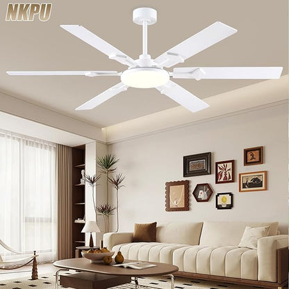 NKPU 66 Inch White Ceiling Fans with Lights, Modern Large Ceiling Fan with Remote & APP Control, Reversible DC Motor, 6 Double-Sided Blades, 6 Speeds, Silent, Timer, for Living Room Indoor Outdoor