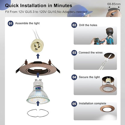 6 Pack Round Recessed Spotlights Trim Ring Fitting, Compatible with MR16 GU5.3 Bulbs, Outer Dia.90mm, Cut-Out Size 68-85mm, 360° Adjustable Holder for Under Cabinet,Antique Copper