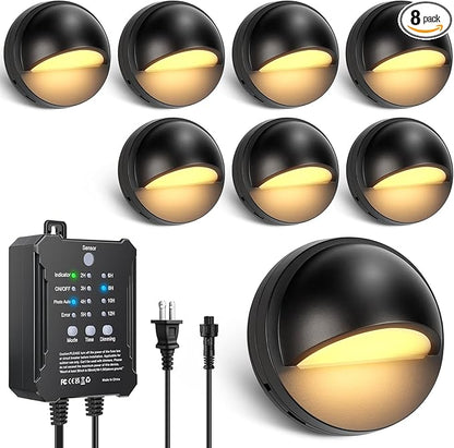 8 Pack Low Voltage LED Deck Lights Kit with Plug-in Transformer, Dusk-to-Dawn Photocell Sensor and Timer, IP67 Waterproof 3000K Outdoor Step Stair Lights for Deck, Patio, Fence and Landscape Lighting