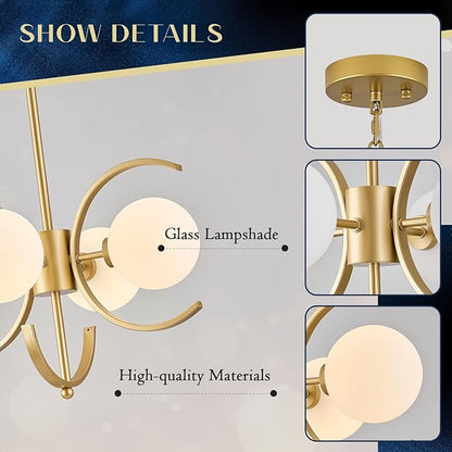 Modern Gold Sputnik Chandelier L16.5”4-Light Mid Century Milk Glass Globe Ceiling Pendant Light Fixture Small Industrial Chandeliers for Dining Room Kitchen Entryway Hallway