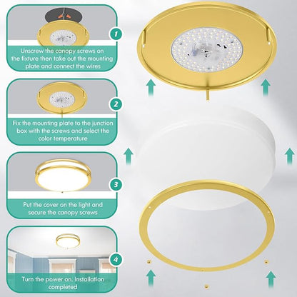 Brightever 13 Inch LED Ceiling Light Fixture, 36W 4400Lm Flush Mount Ceiling Lights, Dimmable 5CCT 2700K/3000K/4000K/5000K/6500K, Super Bright Modern Bedroom Lamps for Kitchen Hallway, Gold, 2 Packs