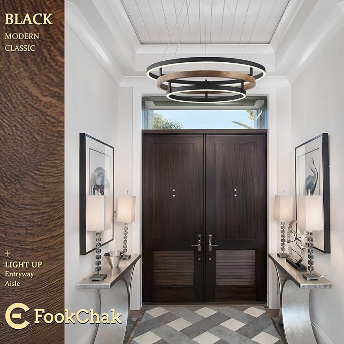 Modern LED Chandelier Black Wood Dimmable 3-Ring Foyer Entry Chandeliers Light 24in Dining Room Chandelier Light Fixture for Kitchen Home Office Living Room