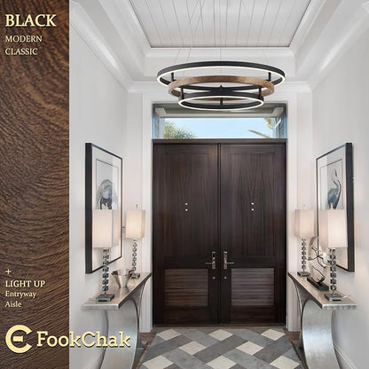 Modern LED Chandelier Black Wood Dimmable 3-Ring Foyer Entry Chandeliers Light 24in Dining Room Chandelier Light Fixture for Kitchen Home Office Living Room