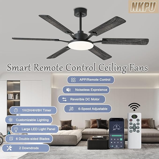 60 Inch Ceiling Fans with Lights, Large Modern Black Ceiling Fan with Light and Remote Control, 6 Double Sided Blades, 6 Speed Reversible Motor, Dimmable LED, Silent Timing, Indoor Outdoor Patio Use