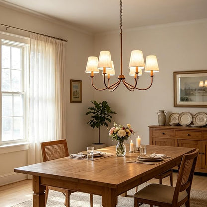 Chandelier, Retro Antique Brown with White Beige Fabric Shade, 6-Light 28" Country Rustic Farmhouse Linear Pendant Lighting Fixture for Kitchen Island Dining Living Room Bedroom