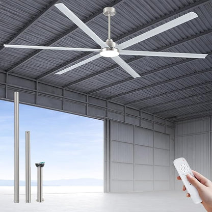 100 Inch Large Industrial HVLS Ceiling Fan with Light and Remote,High CFM Ceiling Fan with 6 Brushed Nickel Double-Layer Aluminum Blades and 12/24/36in Downrod,Quiet DC Motor Outdooor Fan for Patio