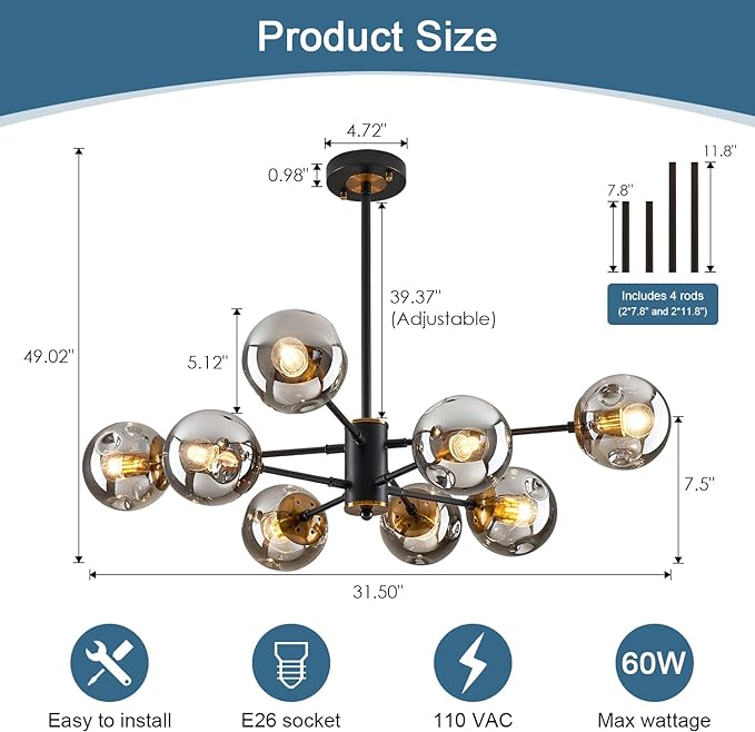 DDLLDESHI 8-Light Sputnik Black Chandelier with Globe Glass Black and Gold Pendant Lights Bubble Light Chandeliers for Dining Room Farmhouse Kitchen Living Room Bedroom Office