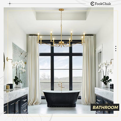 Gold Chandeliers for Dining Room, 8-Light Brass Chandelier Light Fixture Over Table Modern Candle Chandelier 44in Master Bedroom Chandeliers Lighting for Entry Foyer Bathtub Living Room