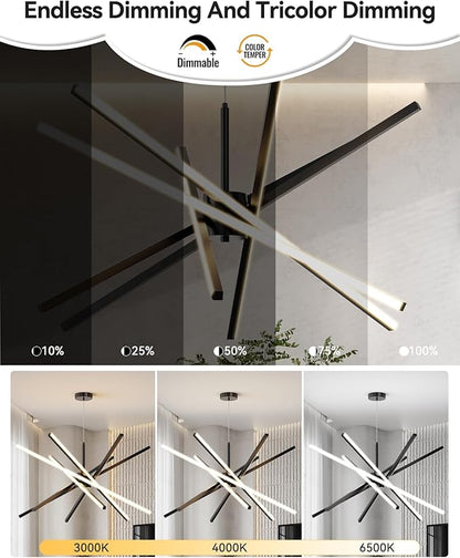 Modern Sputnik Chandelier Ceiling LED Black Pendant Light Embedded Mount Chandeliers Dining Room Light Fixtures Over Table Dimmable with Remote Control for Living Room Kitchen Bedroom (6-Light Black)