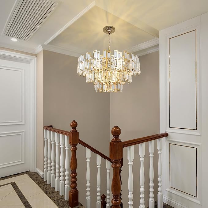 Crystal Chandelier Plated Gold Modern Round Chandeliers for Dining Room Bedroom Kitchen Entryway Chandelier Contemporary Pendant Ceiling Light Fixture Hanging W24.4 10-Light 3-Tier