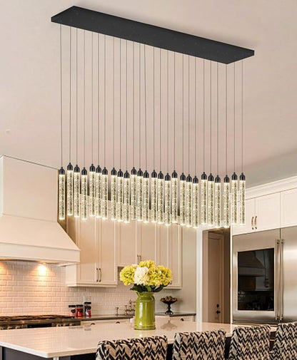 Rectangular Chandeliers 26-Lights Long Light for Entryway LED Dimmable Chandeliers Lighting Fixture Flat Sloped High Ceiling Pendant Lights Crystal for Living Room Foyer Hallway Staircase Black