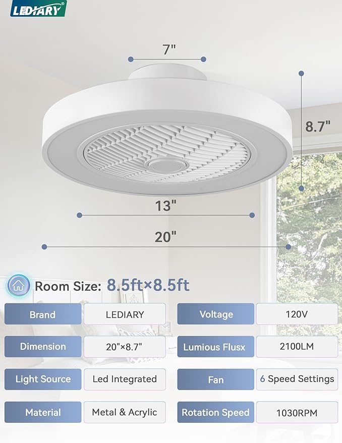 LEDIARY 20 Inch Low Profile Ceiling Fans with Lights, Led Bladeless Ceiling Fan, Remote Control Enclosed Flush Mount Ceiling Fan With Timming, 3000-6000K, 6 Wind Speed, 3000LM, 57W-White RGB
