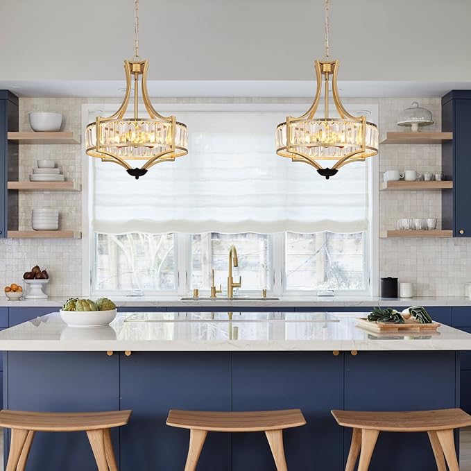 5-Light Crystal Chandelier Ceiling Light Fixture with Adjustable Height, Gold Drum Pendant Light for Dining Room Light Fixture, Kitchen Island, Bedroom, Living Room, Elegant Modern Lighting