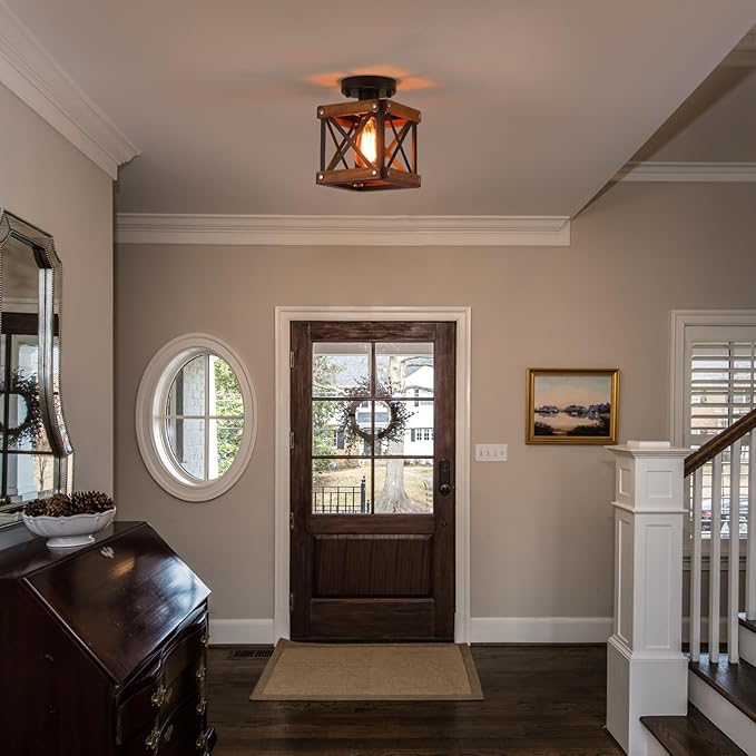 Rustic Farmhouse Wood Flush Mount Ceiling Light Fixture Oak Wood and Metal Square Cage Small Semi Flush Mount Ceiling Light for Kitchen Hallway Entry Bedroom Country Farmhouse, Black