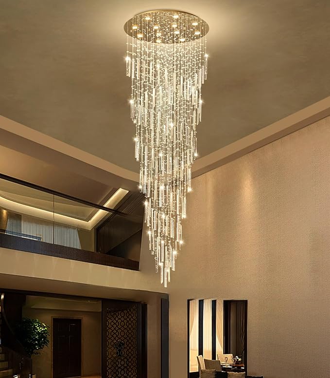 98'' Modern Crystal Chandelier High Ceiling Chandeliers for Entryway Large Raindrop Chandeliers LED Dimmable Flush Mount Light Fixtures for Staircaes Foyer Hallway Living Room LED Bulbs Included Gold