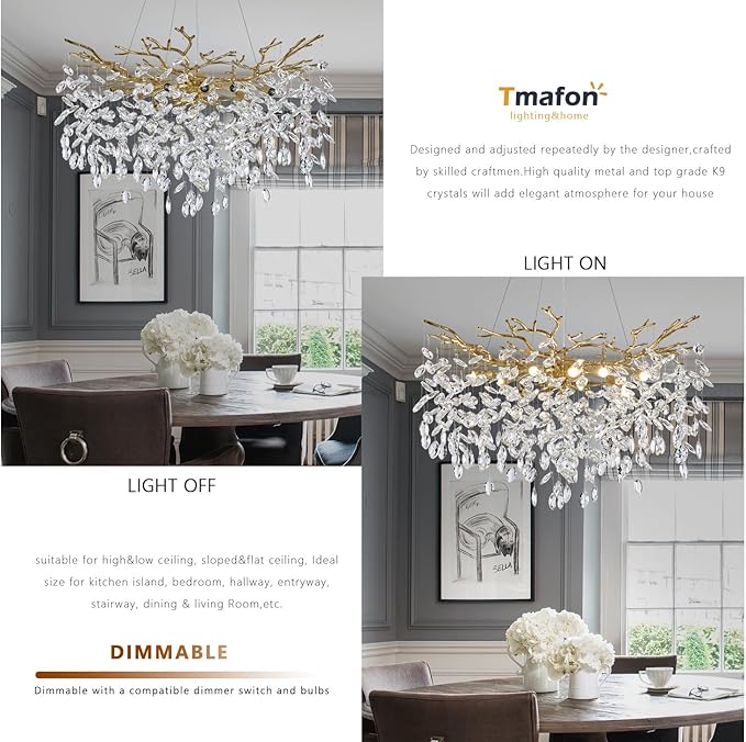 Modern Gold Chandelier Light Fixtures - Dia 31.5 inches Luxury Crystal Chandelier Lighting, Large Kitchen Light Fixture, Led Branch Crystal Chandeliers for Dining Room, Bedroom, Living Room