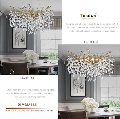 Modern Gold Chandelier Light Fixtures - Dia 31.5 inches Luxury Crystal Chandelier Lighting, Large Kitchen Light Fixture, Led Branch Crystal Chandeliers for Dining Room, Bedroom, Living Room