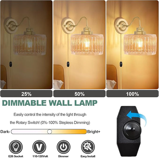 ZECOXOL Vintage Plug in Wall Sconces,Dimmable Wall Sconces of Two,Wall Lamps with Plug in Cord & Flower Glass Lampshade,Gold Sconces Wall Decor Set of 2 Wall Lights Sconces for Bedroom