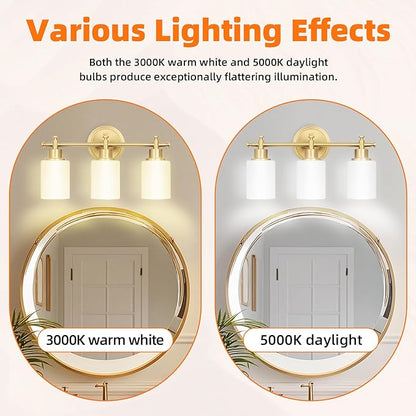 3-Light Gold Bathroom Vanity Light Fixtures, Brushed Gold Wall Sconce, Champagne Gold Vanity Light with Milky White Glass Shade Over Mirror, Bathroom, Bedroom, Modern Style, E26 Base
