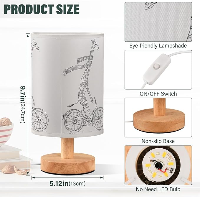 Funny Giraffe in Scarf on Bicycle Cartoon Character on White Table Lamp with Wood Base Fabric Lamp Shade Bedside Nightstand Desk Lamp for Living Room Bedroom Kids Room Office