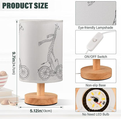 Funny Giraffe in Scarf on Bicycle Cartoon Character on White Table Lamp with Wood Base Fabric Lamp Shade Bedside Nightstand Desk Lamp for Living Room Bedroom Kids Room Office