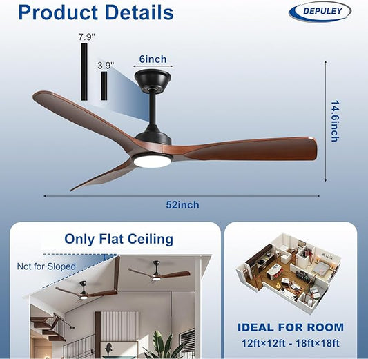 Depuley 52-Inch Ceiling Fan with Light: Walnut 3 Blade Outdoor Fans for Patios - Dimmable Indoor Fan with Remote APP Control Ultra Quiet DC Motor Reversible 6 Speed Timer